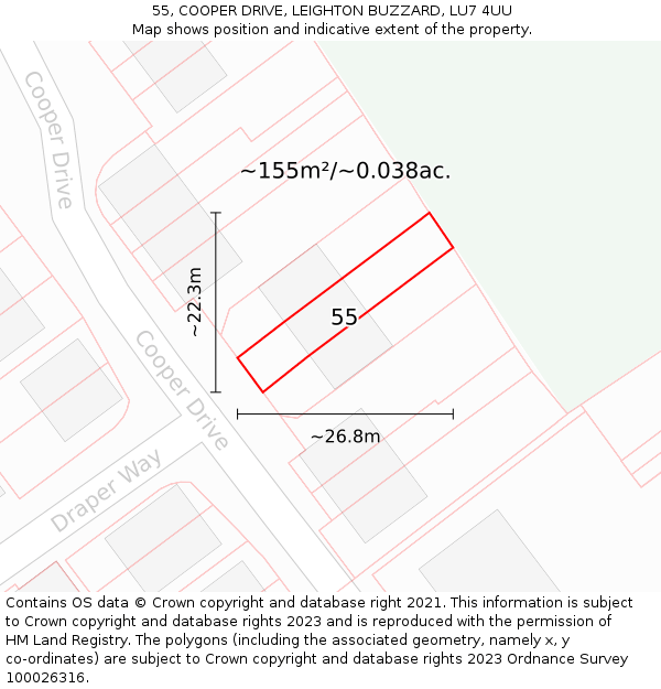 55, COOPER DRIVE, LEIGHTON BUZZARD, LU7 4UU: Plot and title map