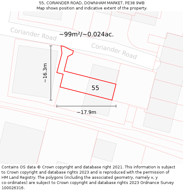 55, CORIANDER ROAD, DOWNHAM MARKET, PE38 9WB: Plot and title map