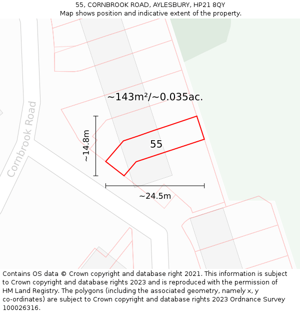 55, CORNBROOK ROAD, AYLESBURY, HP21 8QY: Plot and title map