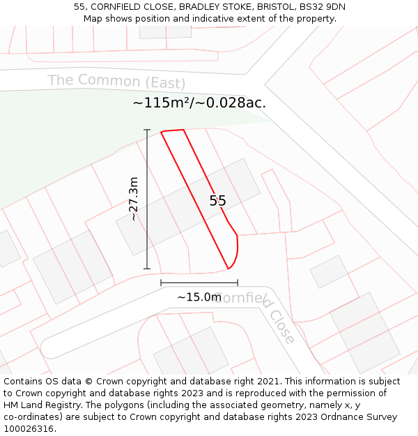 55, CORNFIELD CLOSE, BRADLEY STOKE, BRISTOL, BS32 9DN: Plot and title map