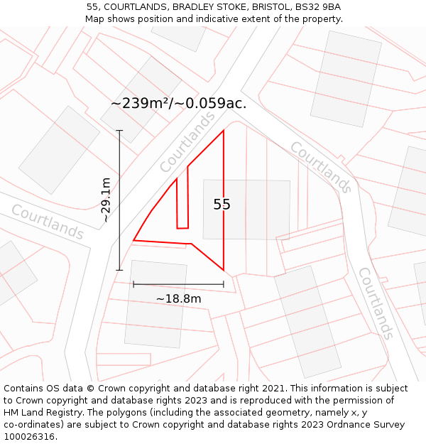 55, COURTLANDS, BRADLEY STOKE, BRISTOL, BS32 9BA: Plot and title map