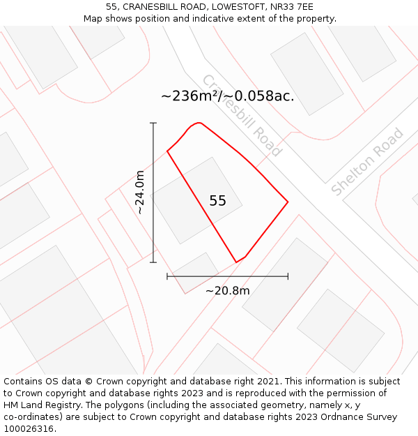 55, CRANESBILL ROAD, LOWESTOFT, NR33 7EE: Plot and title map