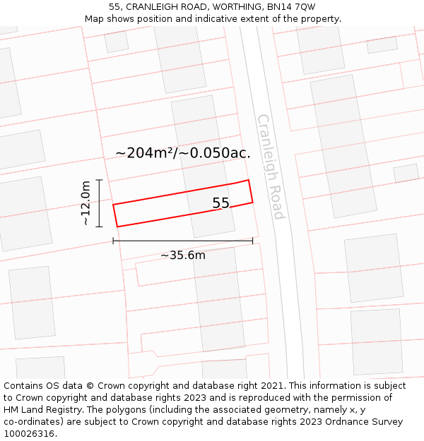 55, CRANLEIGH ROAD, WORTHING, BN14 7QW: Plot and title map