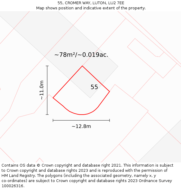 55, CROMER WAY, LUTON, LU2 7EE: Plot and title map