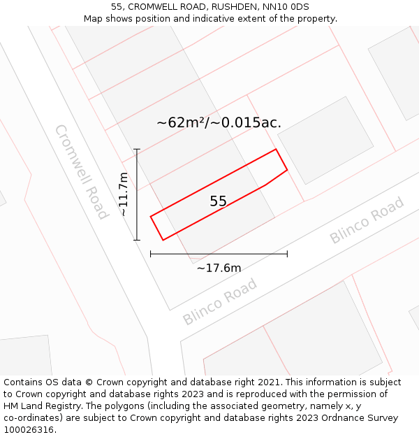 55, CROMWELL ROAD, RUSHDEN, NN10 0DS: Plot and title map