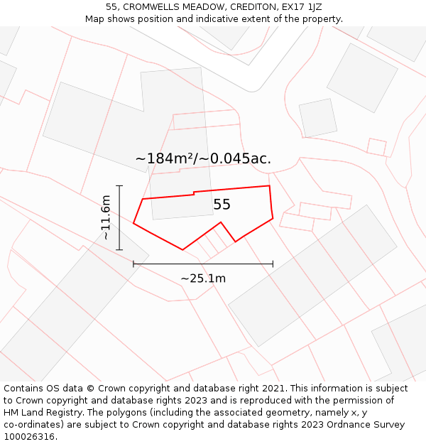 55, CROMWELLS MEADOW, CREDITON, EX17 1JZ: Plot and title map