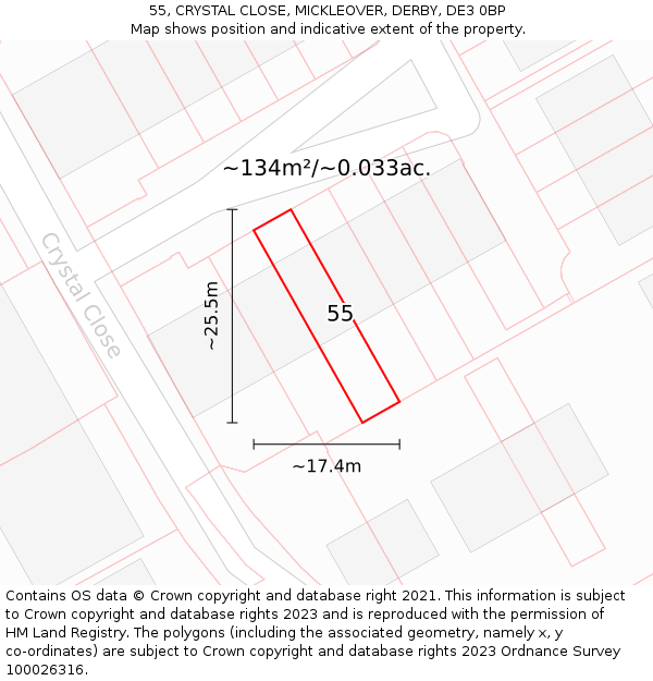55, CRYSTAL CLOSE, MICKLEOVER, DERBY, DE3 0BP: Plot and title map