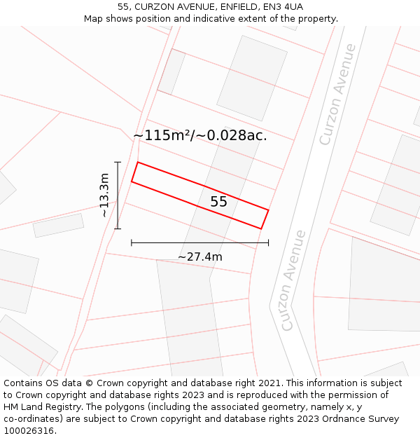 55, CURZON AVENUE, ENFIELD, EN3 4UA: Plot and title map