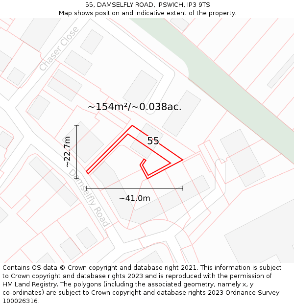 55, DAMSELFLY ROAD, IPSWICH, IP3 9TS: Plot and title map