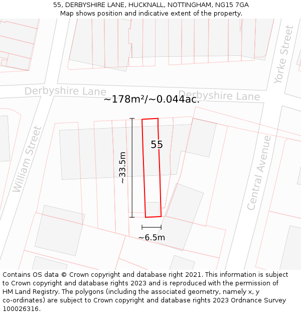 55, DERBYSHIRE LANE, HUCKNALL, NOTTINGHAM, NG15 7GA: Plot and title map