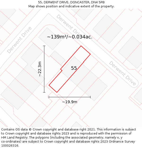 55, DERWENT DRIVE, DONCASTER, DN4 5PB: Plot and title map