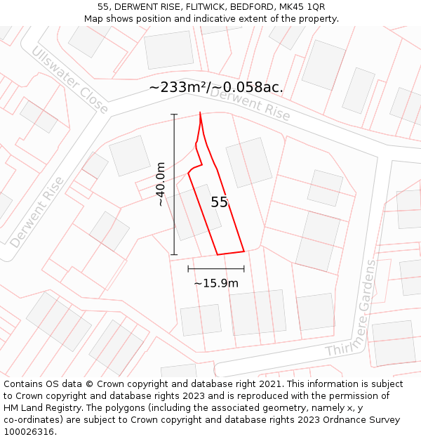 55, DERWENT RISE, FLITWICK, BEDFORD, MK45 1QR: Plot and title map
