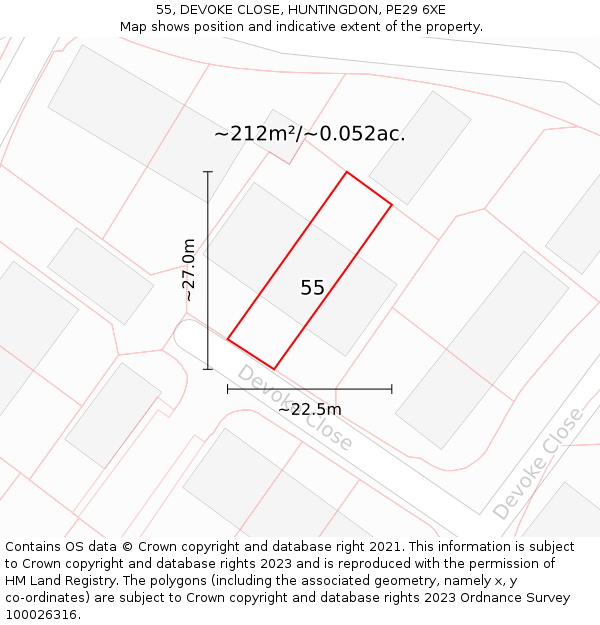 55, DEVOKE CLOSE, HUNTINGDON, PE29 6XE: Plot and title map