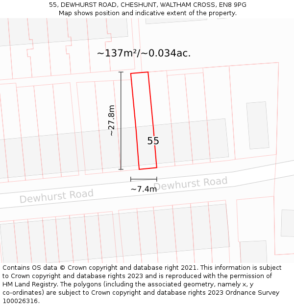 55, DEWHURST ROAD, CHESHUNT, WALTHAM CROSS, EN8 9PG: Plot and title map
