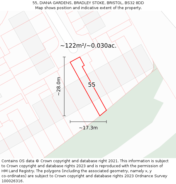 55, DIANA GARDENS, BRADLEY STOKE, BRISTOL, BS32 8DD: Plot and title map