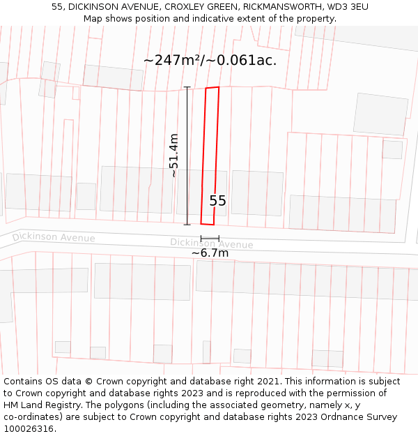 55, DICKINSON AVENUE, CROXLEY GREEN, RICKMANSWORTH, WD3 3EU: Plot and title map