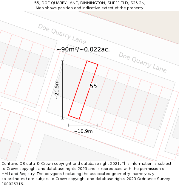 55, DOE QUARRY LANE, DINNINGTON, SHEFFIELD, S25 2NJ: Plot and title map