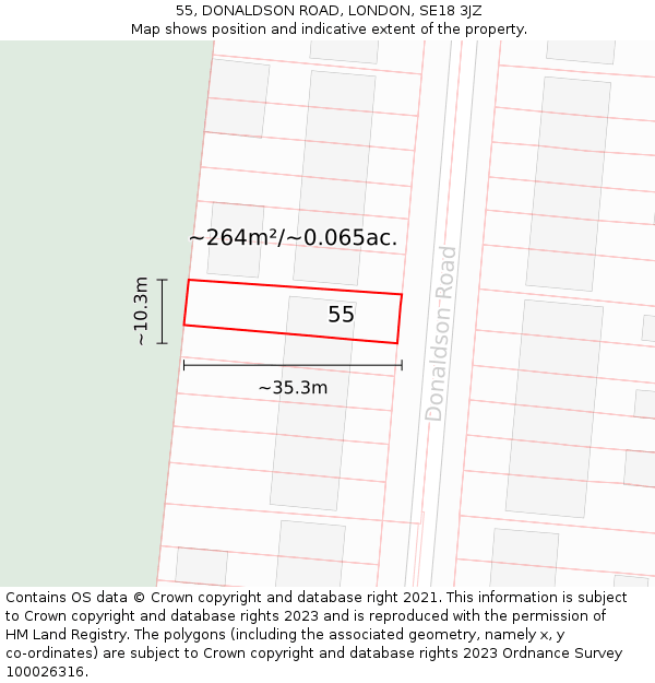 55, DONALDSON ROAD, LONDON, SE18 3JZ: Plot and title map