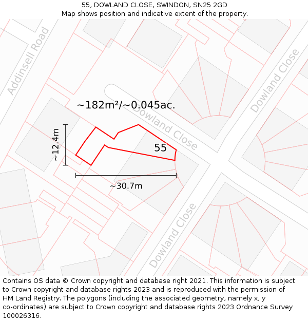 55, DOWLAND CLOSE, SWINDON, SN25 2GD: Plot and title map