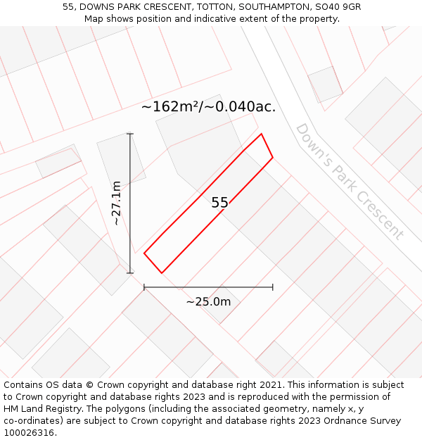 55, DOWNS PARK CRESCENT, TOTTON, SOUTHAMPTON, SO40 9GR: Plot and title map