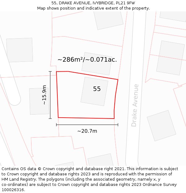 55, DRAKE AVENUE, IVYBRIDGE, PL21 9FW: Plot and title map