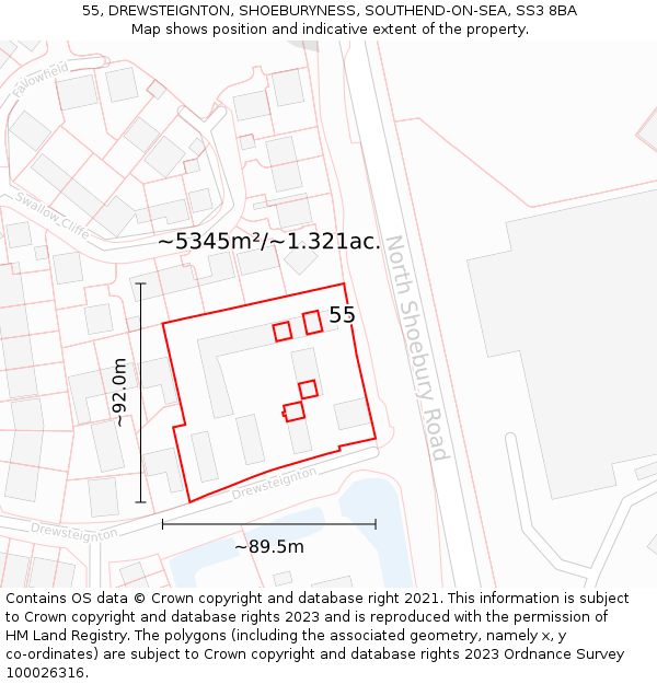 55, DREWSTEIGNTON, SHOEBURYNESS, SOUTHEND-ON-SEA, SS3 8BA: Plot and title map