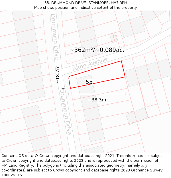 55, DRUMMOND DRIVE, STANMORE, HA7 3PH: Plot and title map
