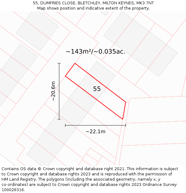 55, DUMFRIES CLOSE, BLETCHLEY, MILTON KEYNES, MK3 7NT: Plot and title map