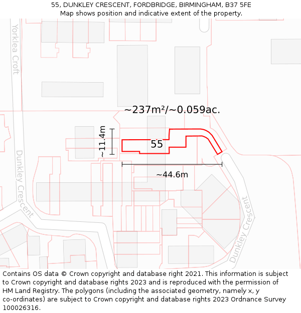 55, DUNKLEY CRESCENT, FORDBRIDGE, BIRMINGHAM, B37 5FE: Plot and title map