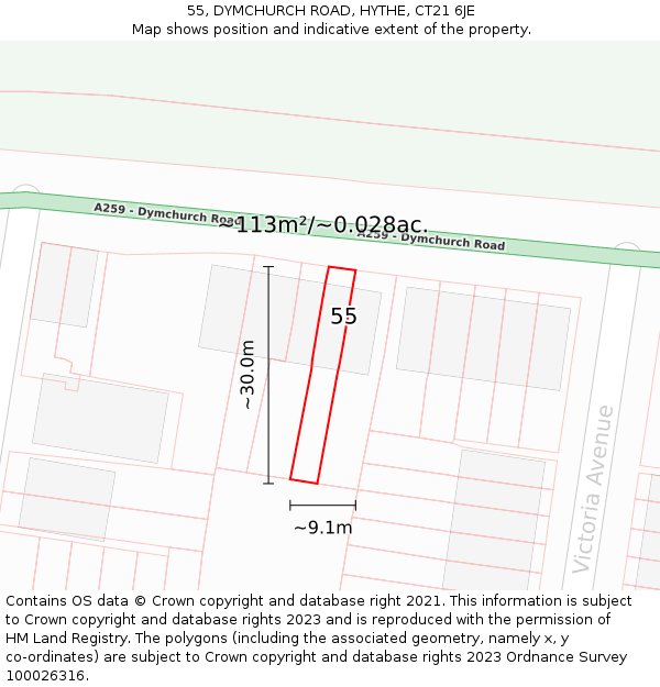 55, DYMCHURCH ROAD, HYTHE, CT21 6JE: Plot and title map