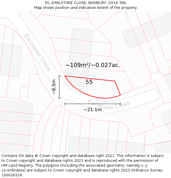 55, EARLSTOKE CLOSE, BANBURY, OX16 3WL: Plot and title map
