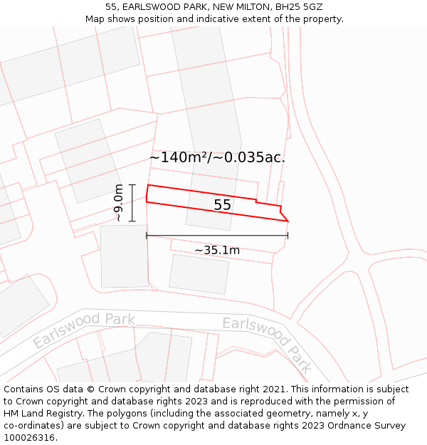 55, EARLSWOOD PARK, NEW MILTON, BH25 5GZ: Plot and title map