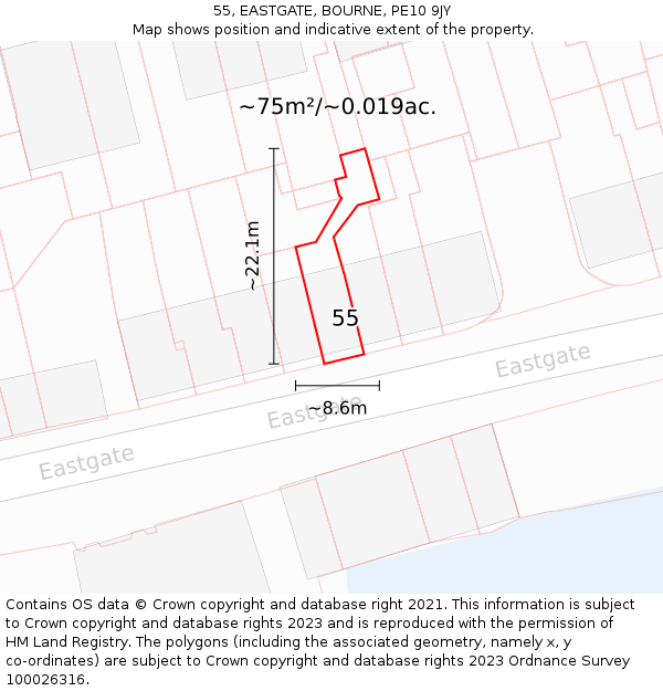 55, EASTGATE, BOURNE, PE10 9JY: Plot and title map