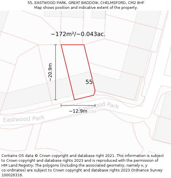 55, EASTWOOD PARK, GREAT BADDOW, CHELMSFORD, CM2 8HF: Plot and title map