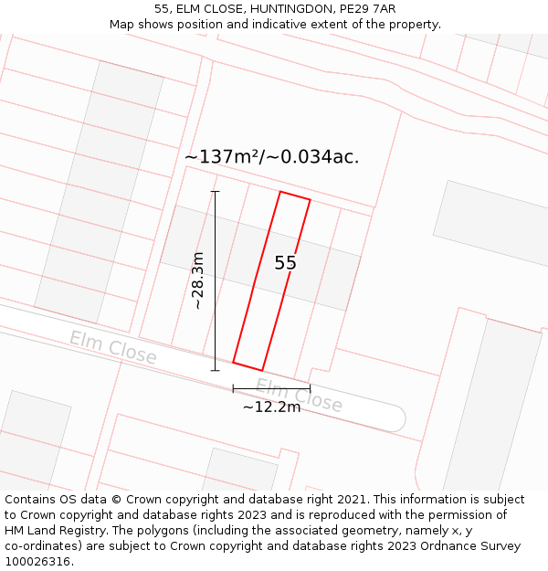 55, ELM CLOSE, HUNTINGDON, PE29 7AR: Plot and title map