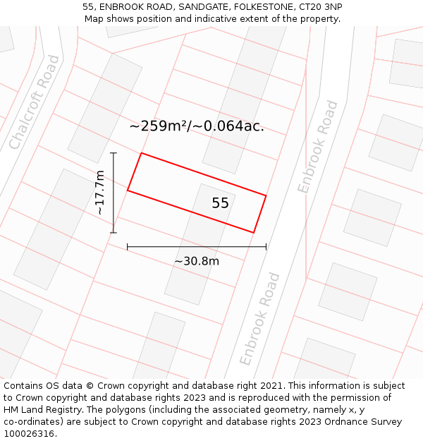 55, ENBROOK ROAD, SANDGATE, FOLKESTONE, CT20 3NP: Plot and title map