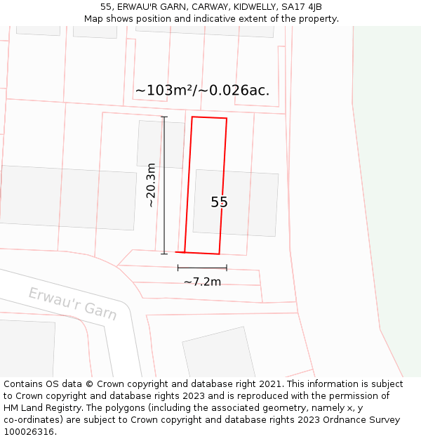 55, ERWAU'R GARN, CARWAY, KIDWELLY, SA17 4JB: Plot and title map