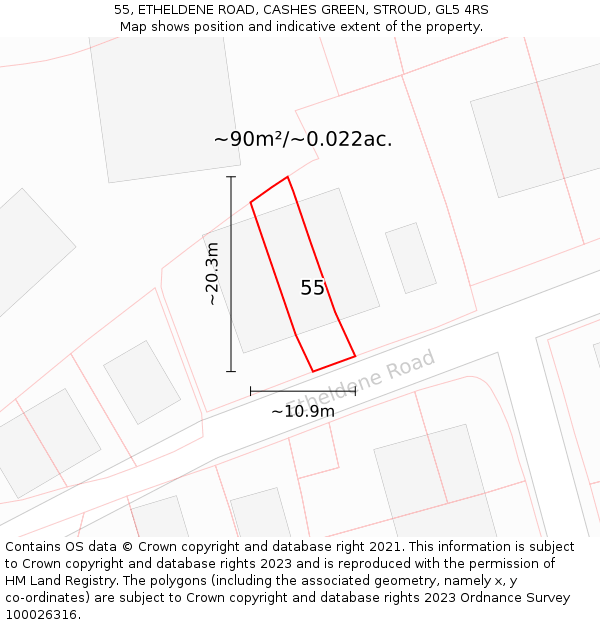 55, ETHELDENE ROAD, CASHES GREEN, STROUD, GL5 4RS: Plot and title map