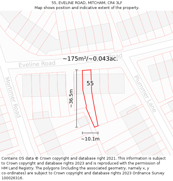 55, EVELINE ROAD, MITCHAM, CR4 3LF: Plot and title map