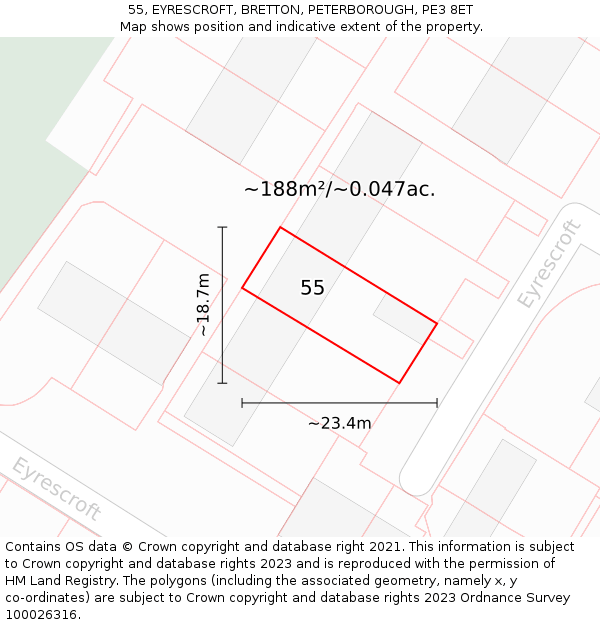 55, EYRESCROFT, BRETTON, PETERBOROUGH, PE3 8ET: Plot and title map