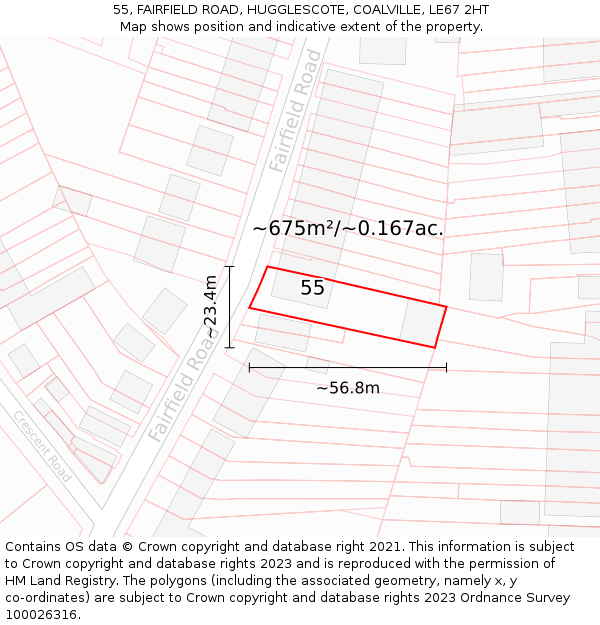 55, FAIRFIELD ROAD, HUGGLESCOTE, COALVILLE, LE67 2HT: Plot and title map