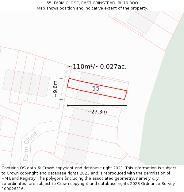 55, FARM CLOSE, EAST GRINSTEAD, RH19 3QQ: Plot and title map