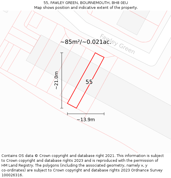 55, FAWLEY GREEN, BOURNEMOUTH, BH8 0EU: Plot and title map