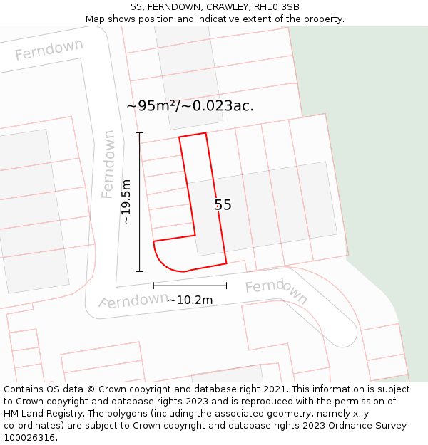 55, FERNDOWN, CRAWLEY, RH10 3SB: Plot and title map