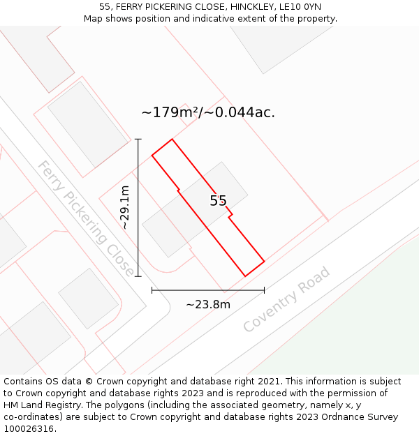 55, FERRY PICKERING CLOSE, HINCKLEY, LE10 0YN: Plot and title map