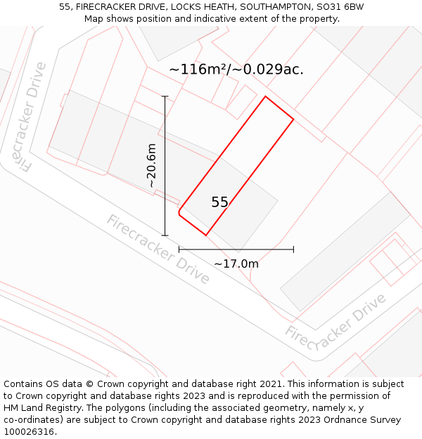55, FIRECRACKER DRIVE, LOCKS HEATH, SOUTHAMPTON, SO31 6BW: Plot and title map