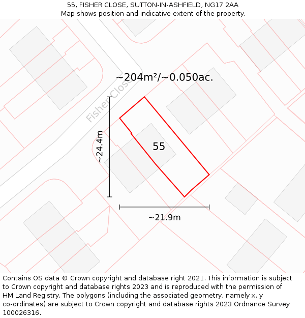 55, FISHER CLOSE, SUTTON-IN-ASHFIELD, NG17 2AA: Plot and title map