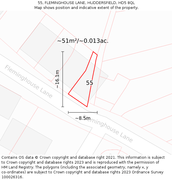 55, FLEMINGHOUSE LANE, HUDDERSFIELD, HD5 8QL: Plot and title map
