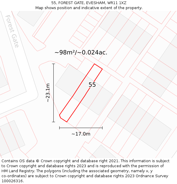 55, FOREST GATE, EVESHAM, WR11 1XZ: Plot and title map