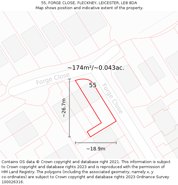 55, FORGE CLOSE, FLECKNEY, LEICESTER, LE8 8DA: Plot and title map
